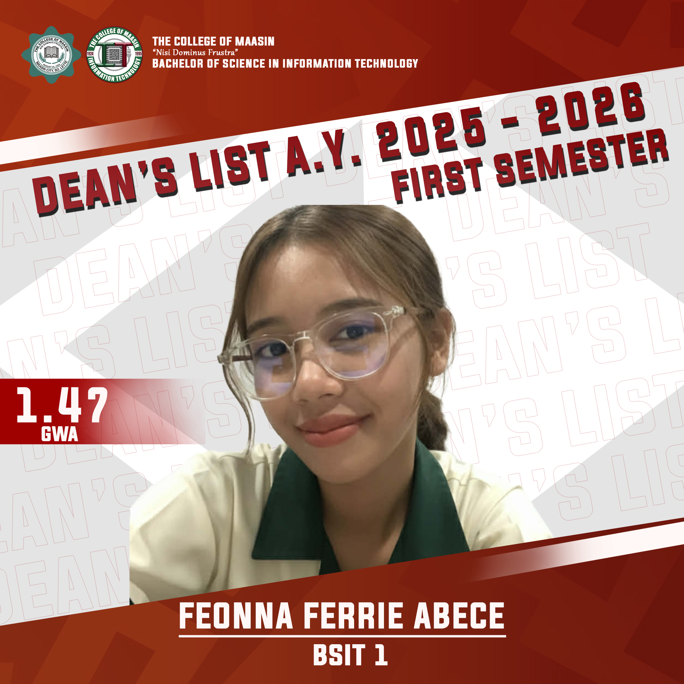 DEAN'S LIST A.Y. 2025-2026 (FIRST SEMESTER) abece