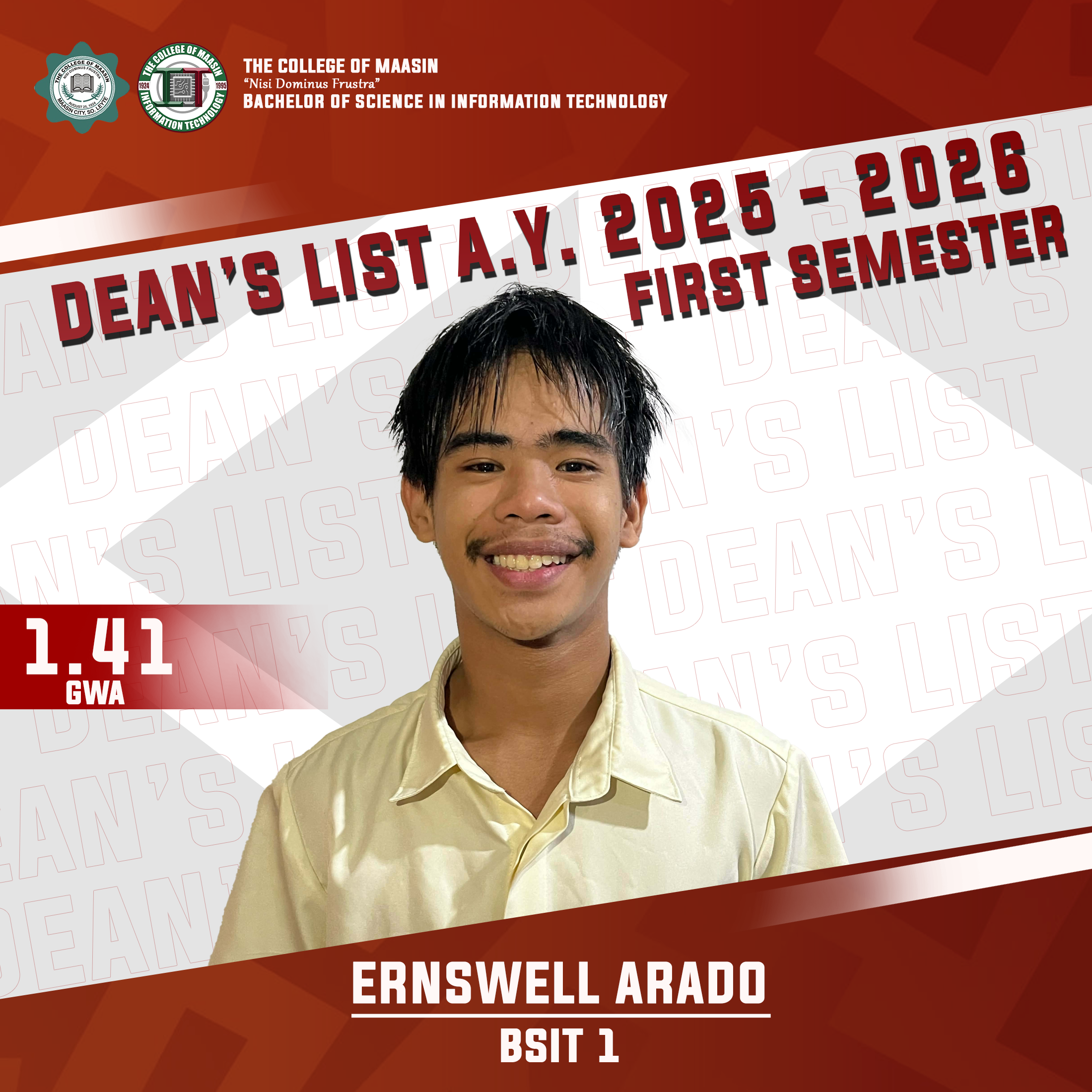 DEAN'S LIST A.Y. 2025-2026 (FIRST SEMESTER) arado 1