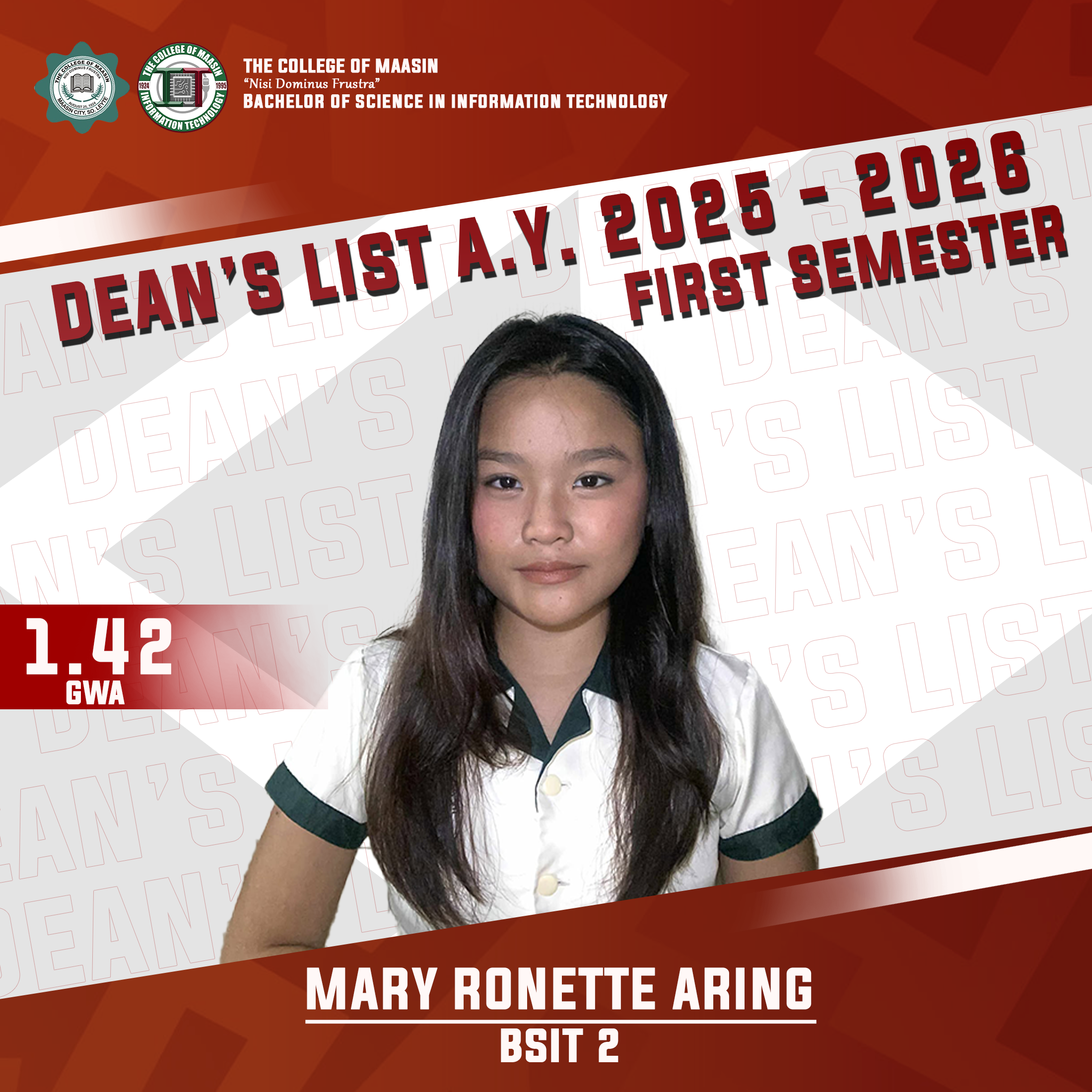 DEAN'S LIST A.Y. 2025-2026 (FIRST SEMESTER) aring
