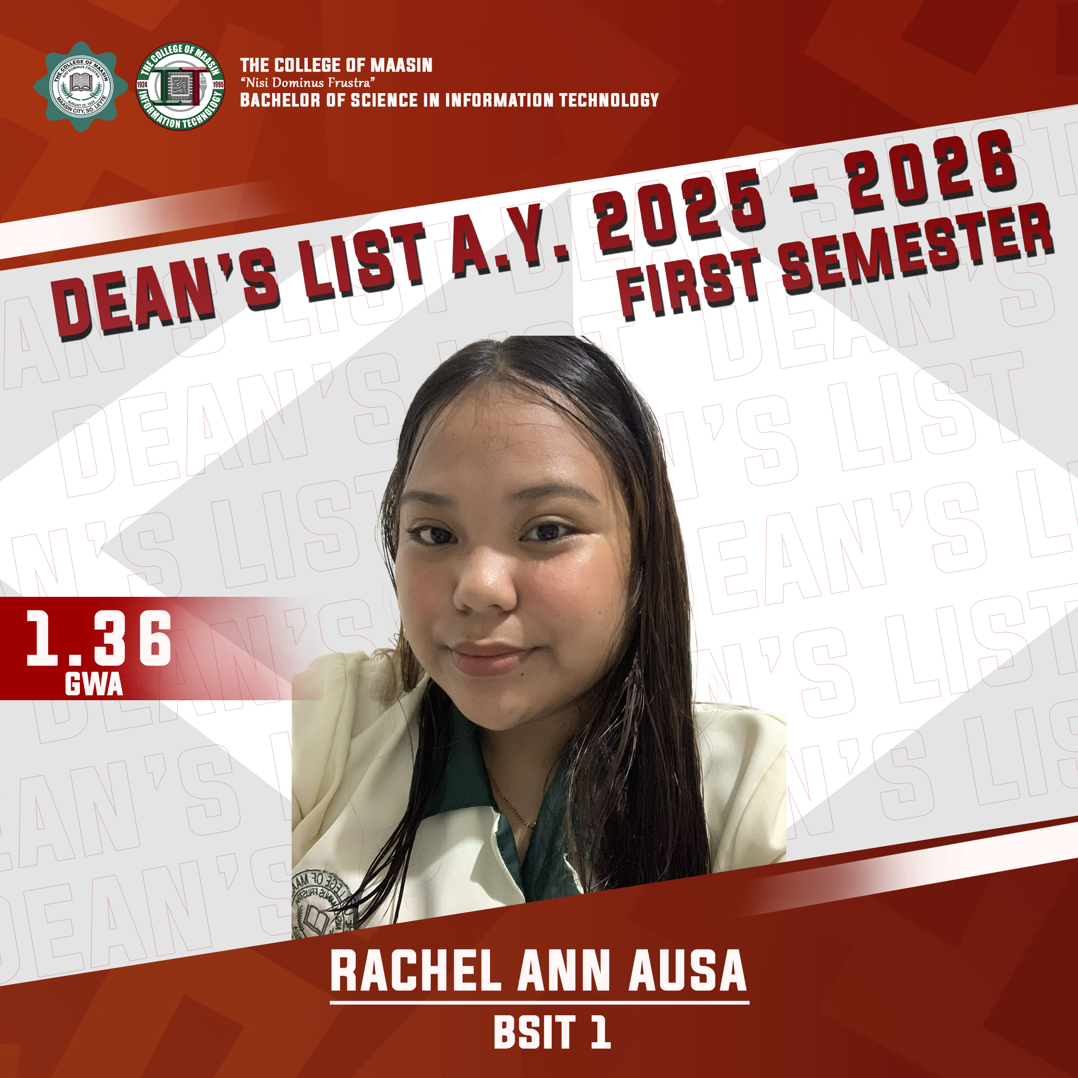 DEAN'S LIST A.Y. 2025-2026 (FIRST SEMESTER) ausa 1