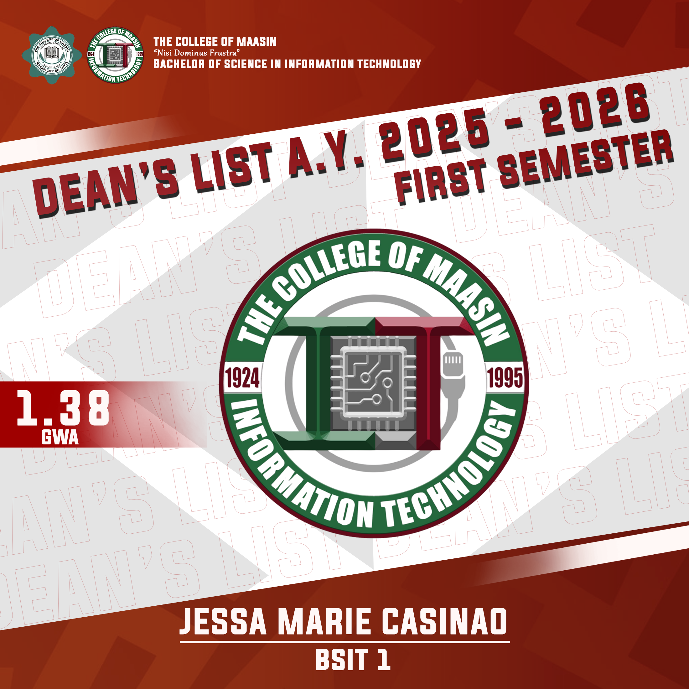 DEAN'S LIST A.Y. 2025-2026 (FIRST SEMESTER) casinao 1