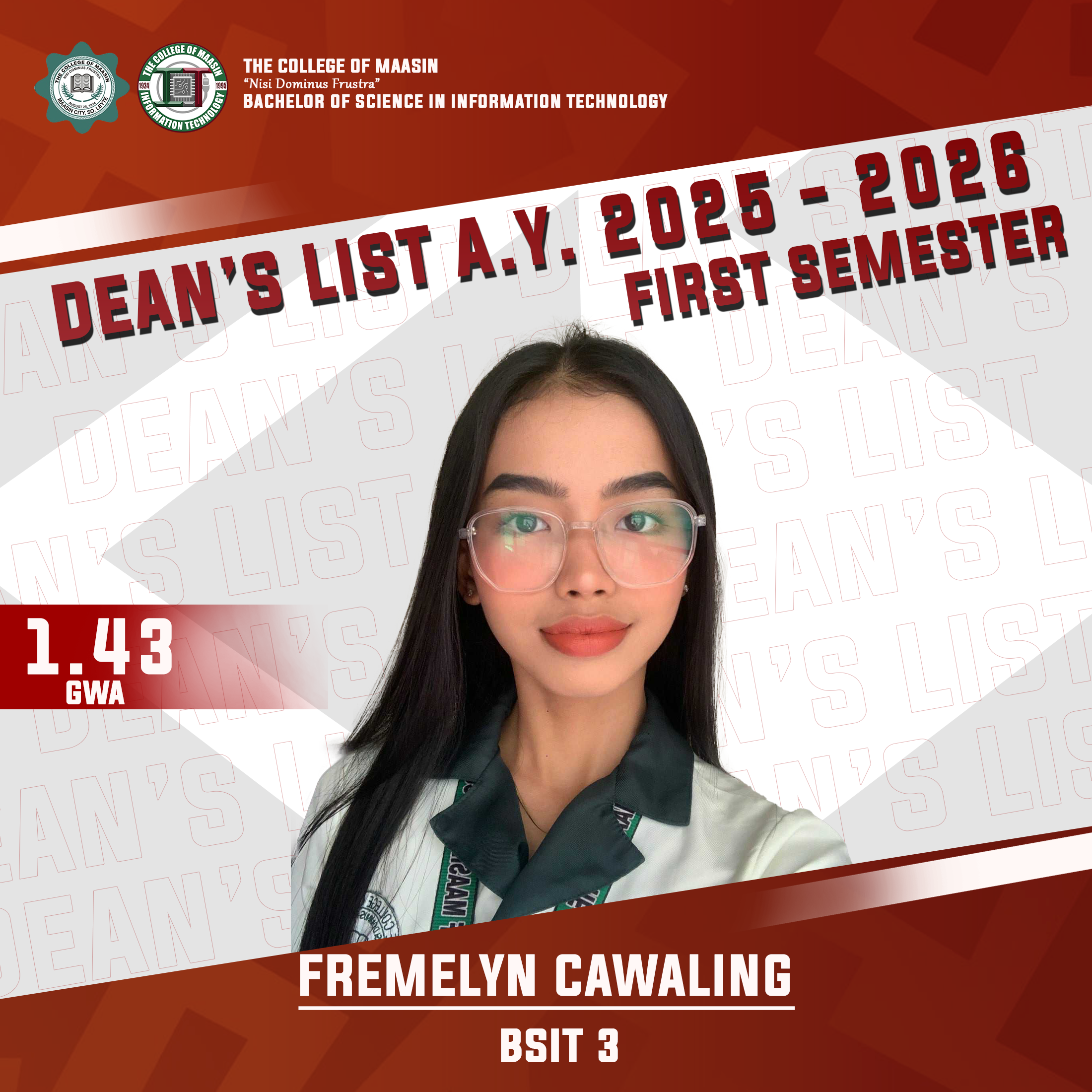 DEAN'S LIST A.Y. 2025-2026 (FIRST SEMESTER) cawaling 3