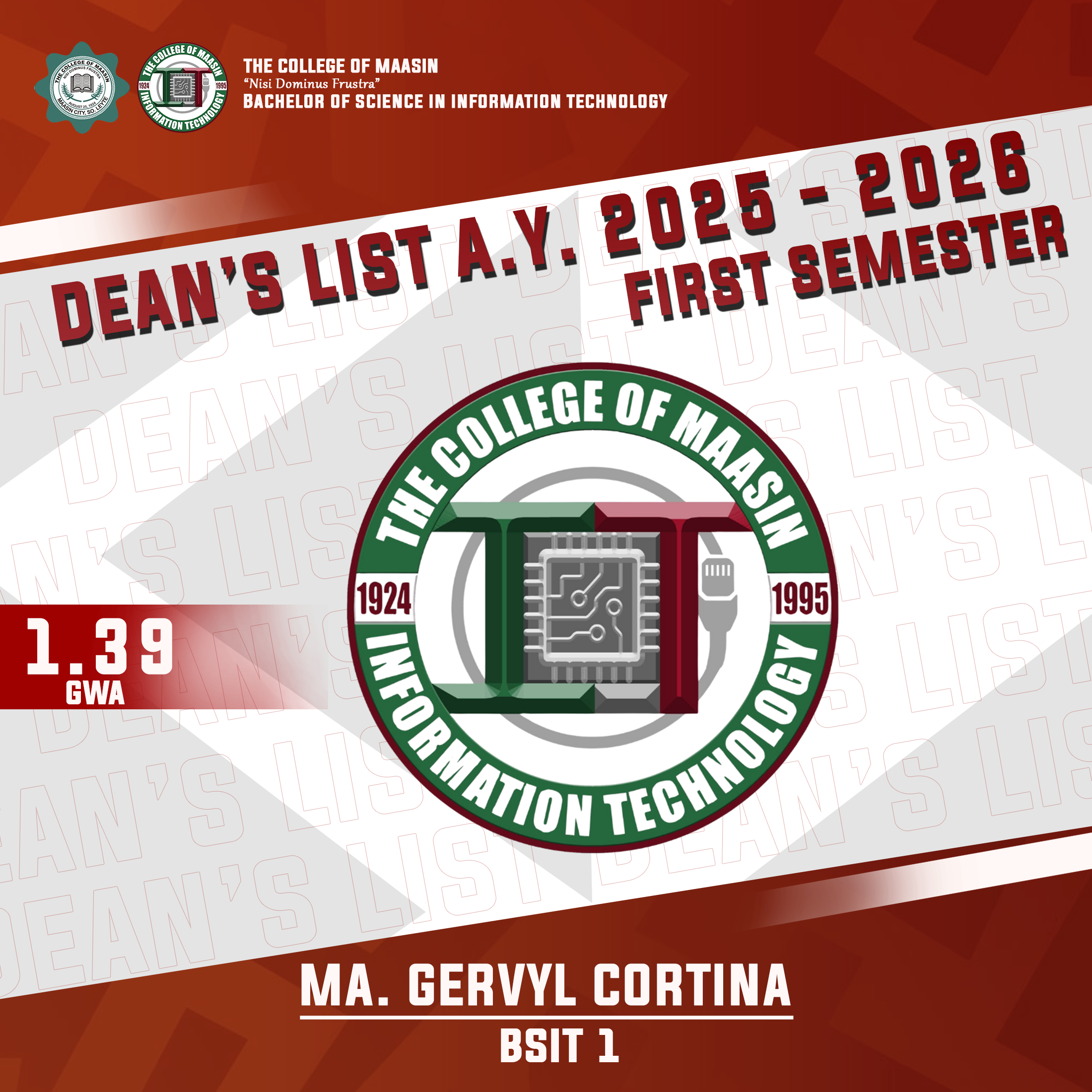 DEAN'S LIST A.Y. 2025-2026 (FIRST SEMESTER) cortina 1