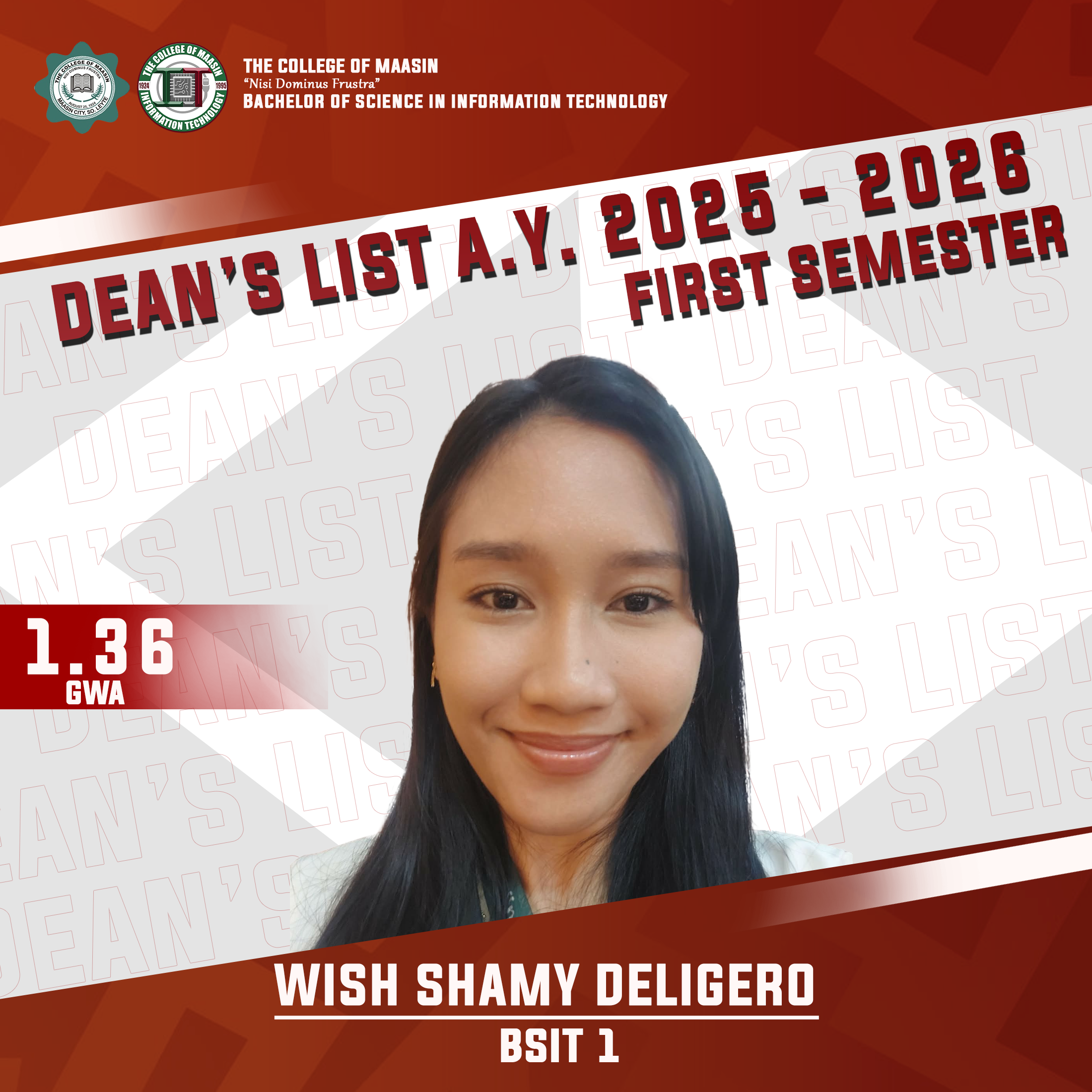 DEAN'S LIST A.Y. 2025-2026 (FIRST SEMESTER) deligero 1