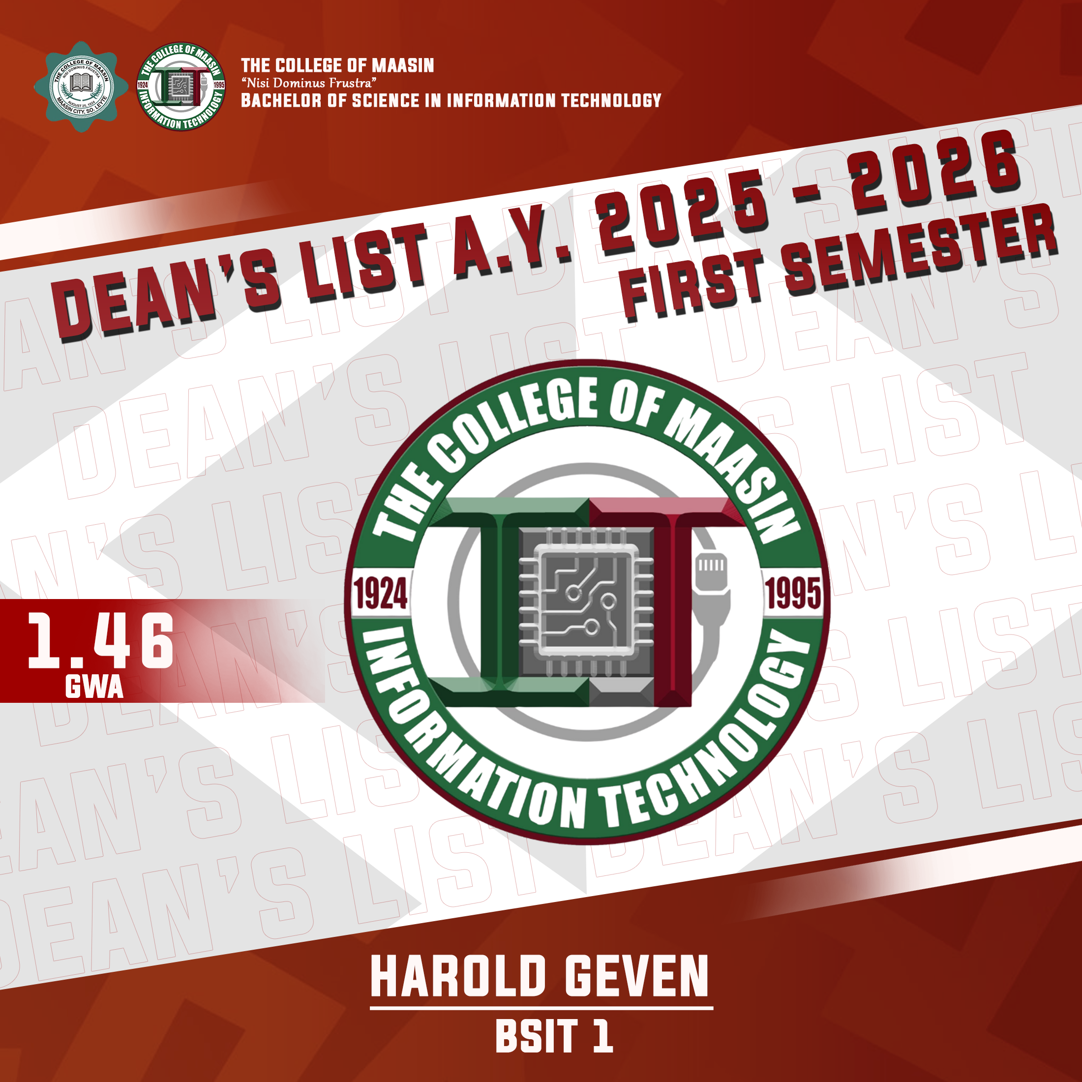 DEAN'S LIST A.Y. 2025-2026 (FIRST SEMESTER) geven 1