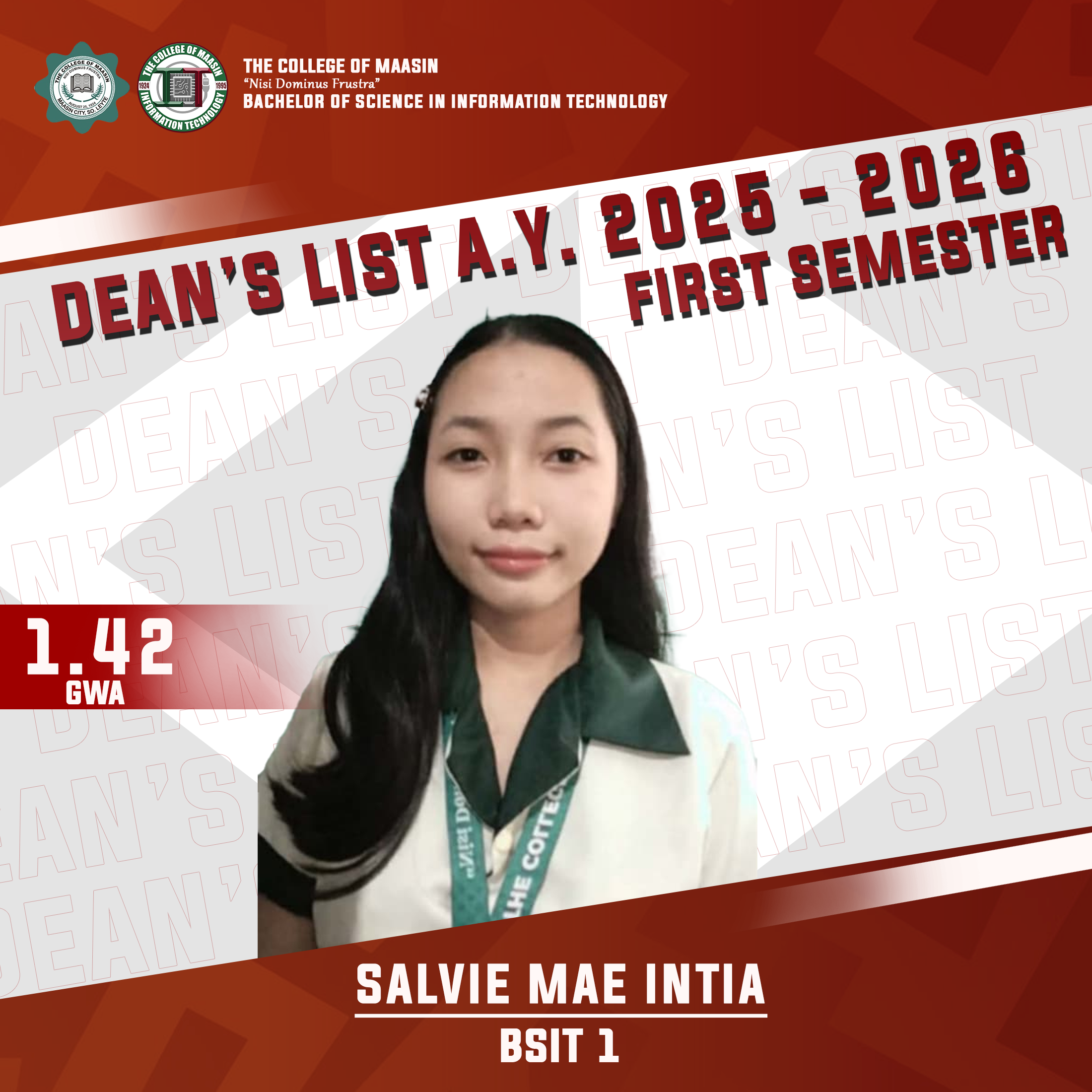 DEAN'S LIST A.Y. 2025-2026 (FIRST SEMESTER) intia 1
