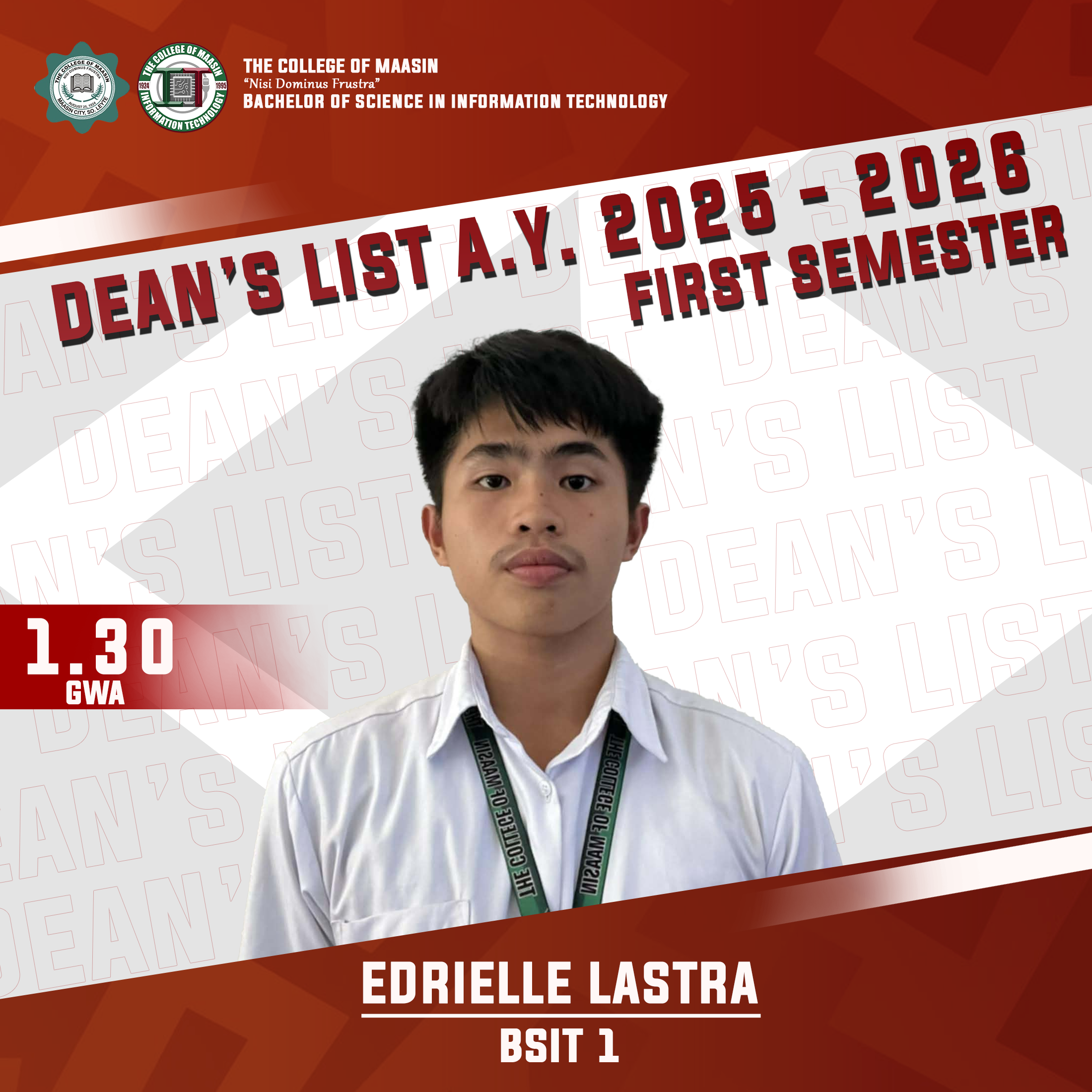 DEAN'S LIST A.Y. 2025-2026 (FIRST SEMESTER) lastra 1