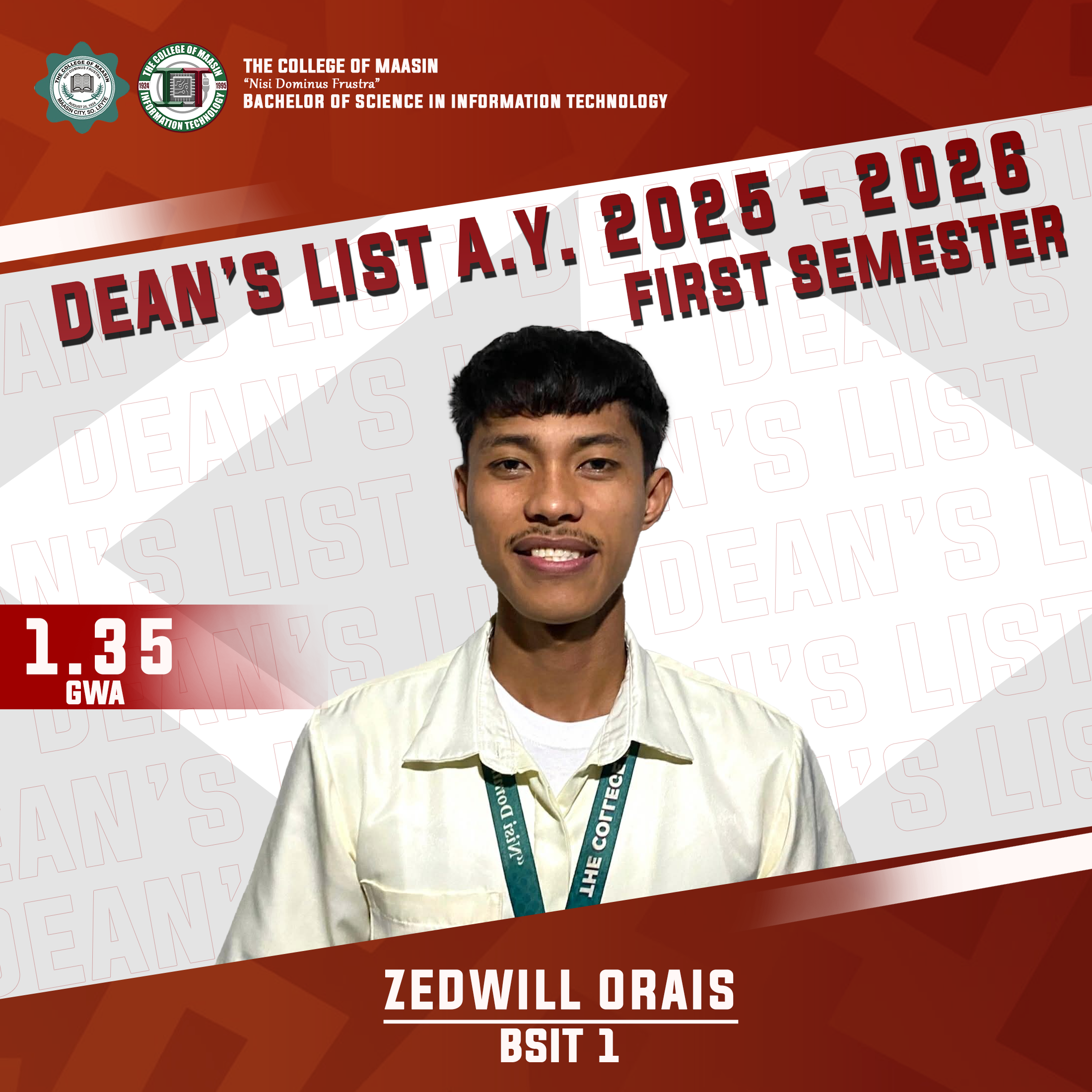 DEAN'S LIST A.Y. 2025-2026 (FIRST SEMESTER) orais 1