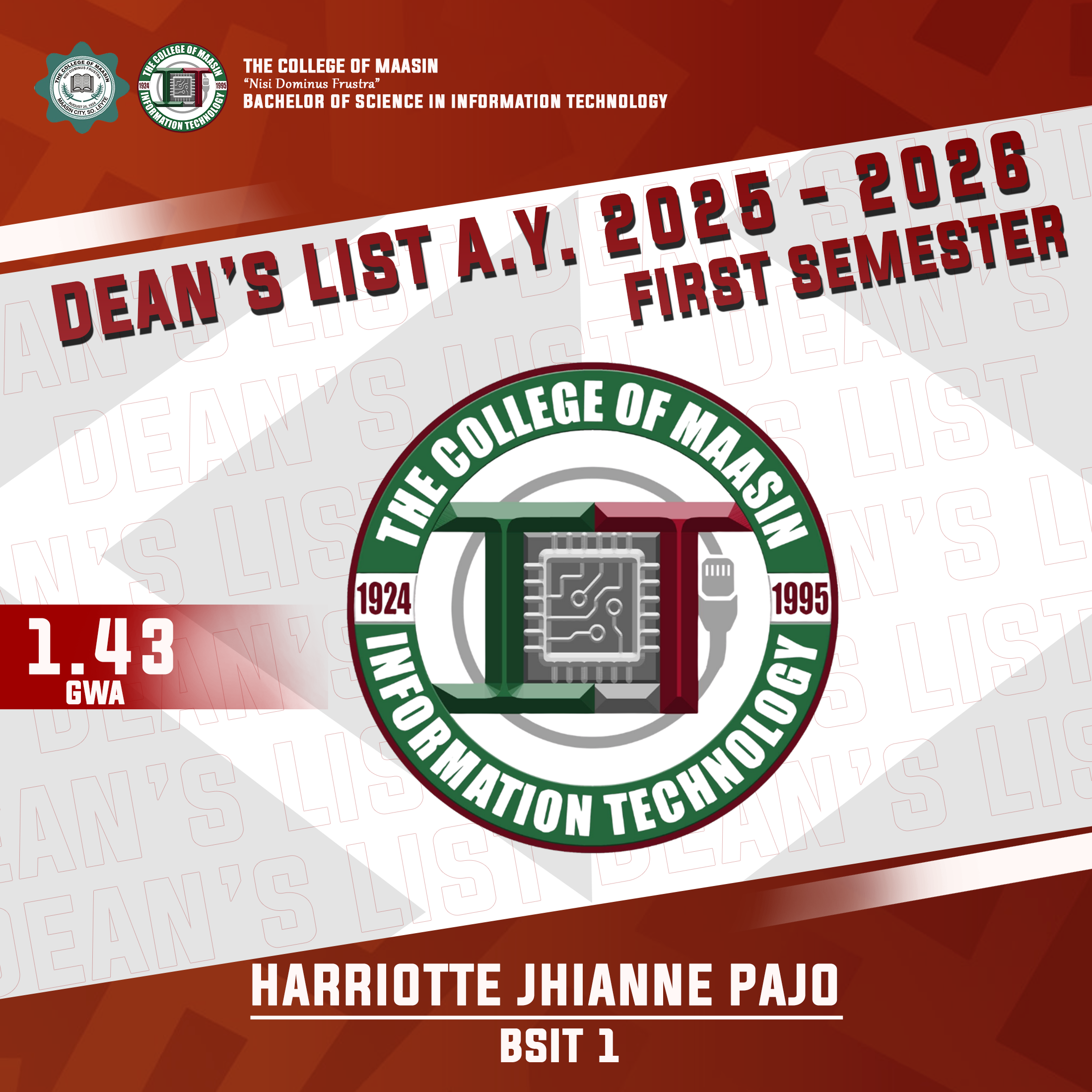 DEAN'S LIST A.Y. 2025-2026 (FIRST SEMESTER) pajo 1