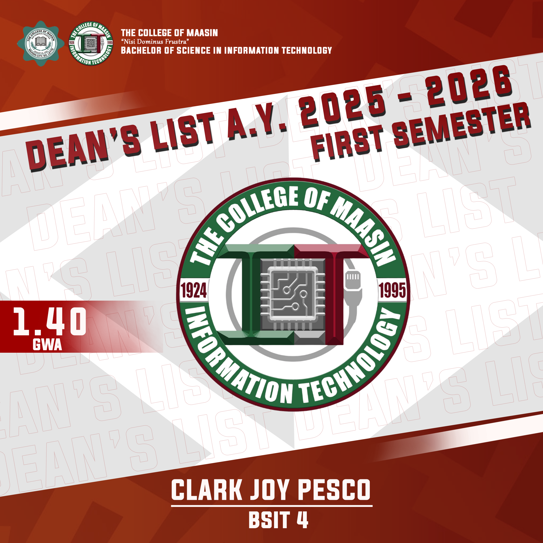 DEAN'S LIST A.Y. 2025-2026 (FIRST SEMESTER) pesco 4