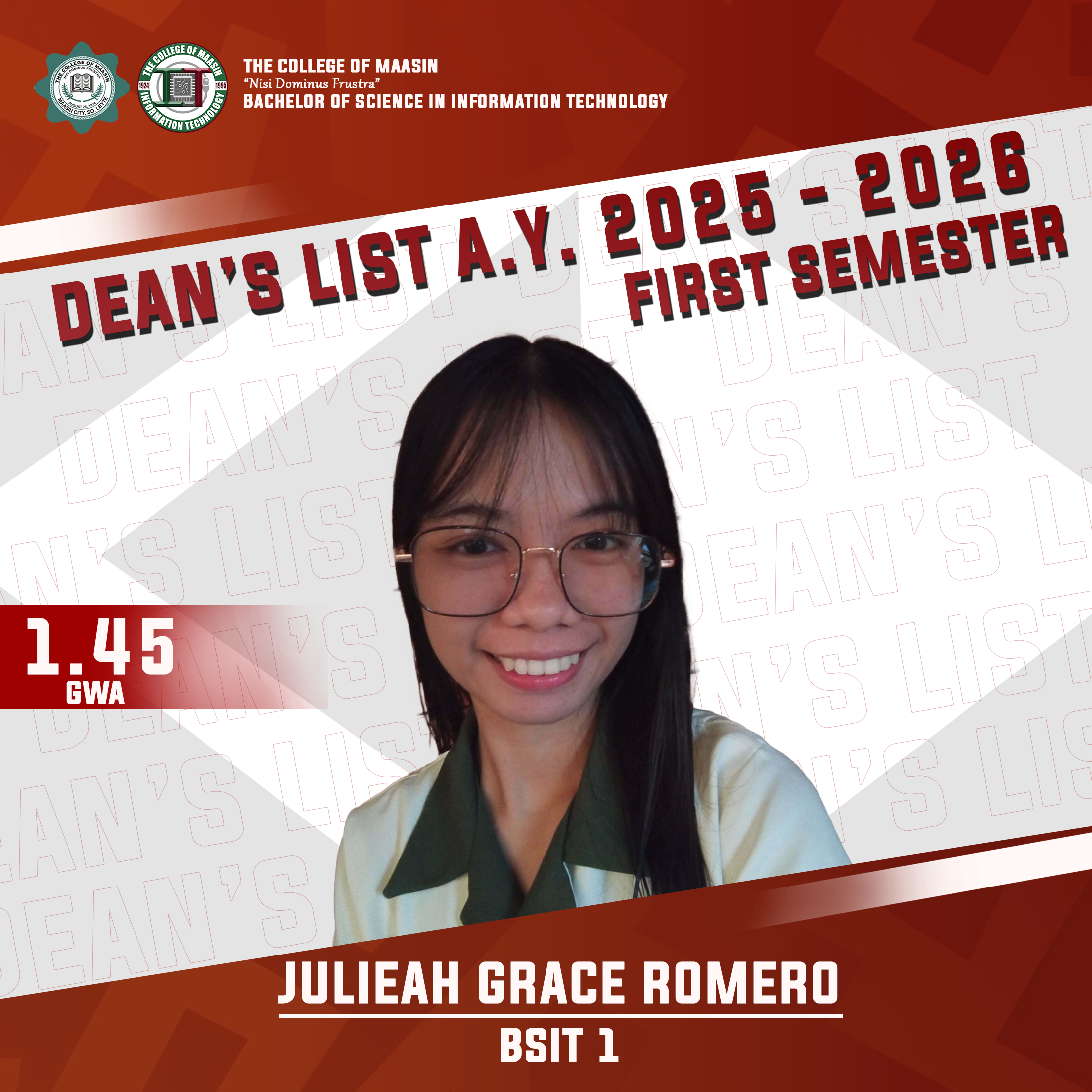 DEAN'S LIST A.Y. 2025-2026 (FIRST SEMESTER) romero 1