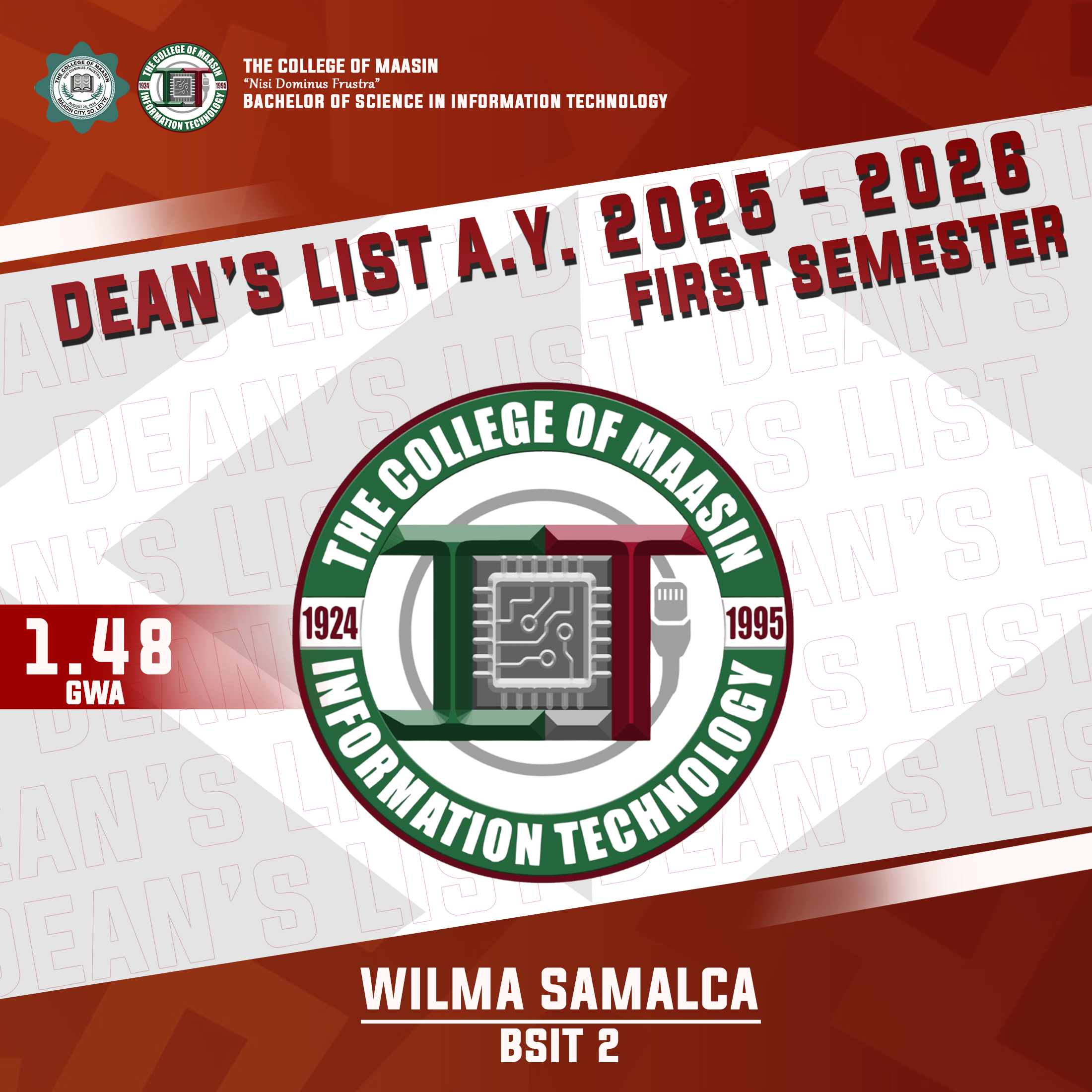 DEAN'S LIST A.Y. 2025-2026 (FIRST SEMESTER) samalca
