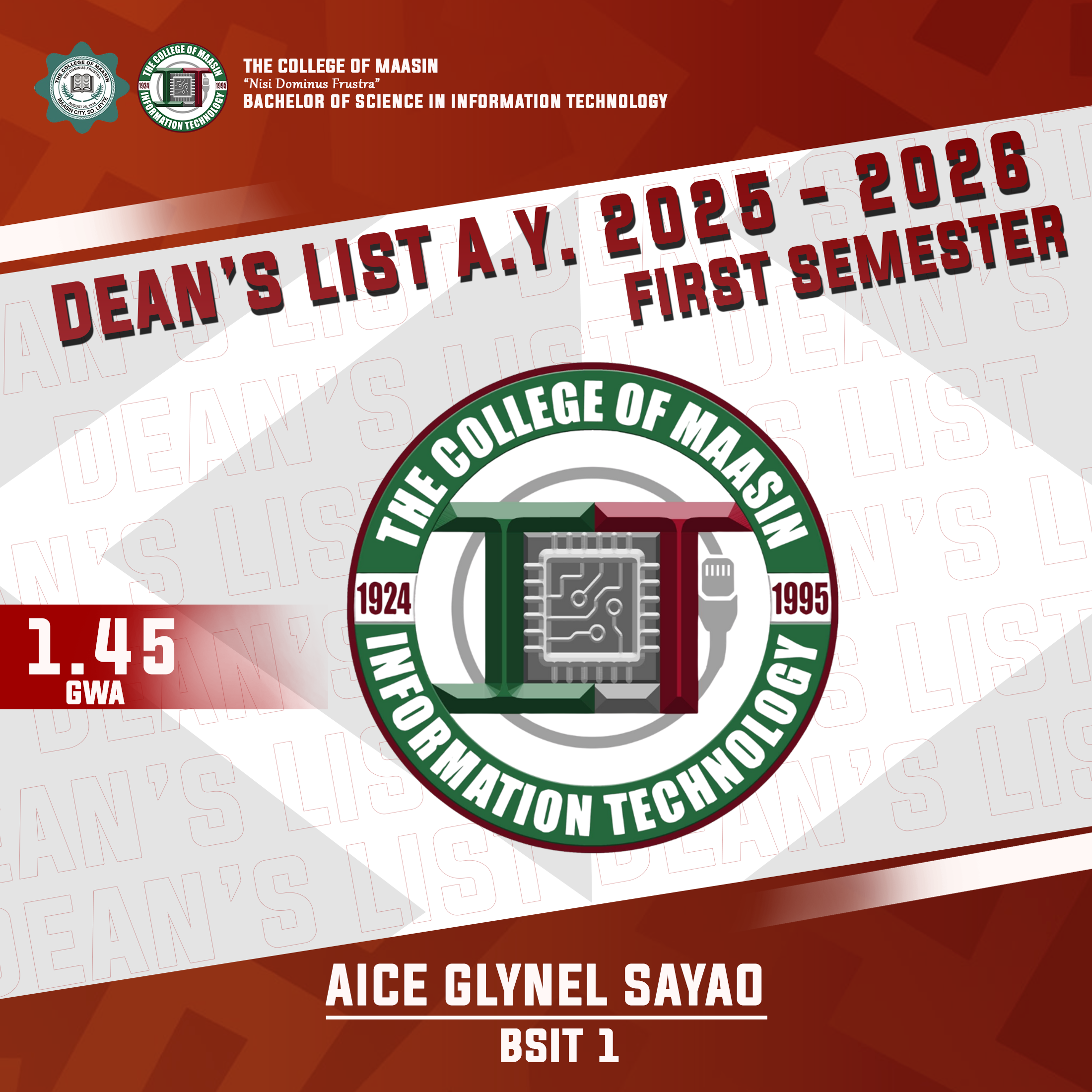 DEAN'S LIST A.Y. 2025-2026 (FIRST SEMESTER) sayao 1