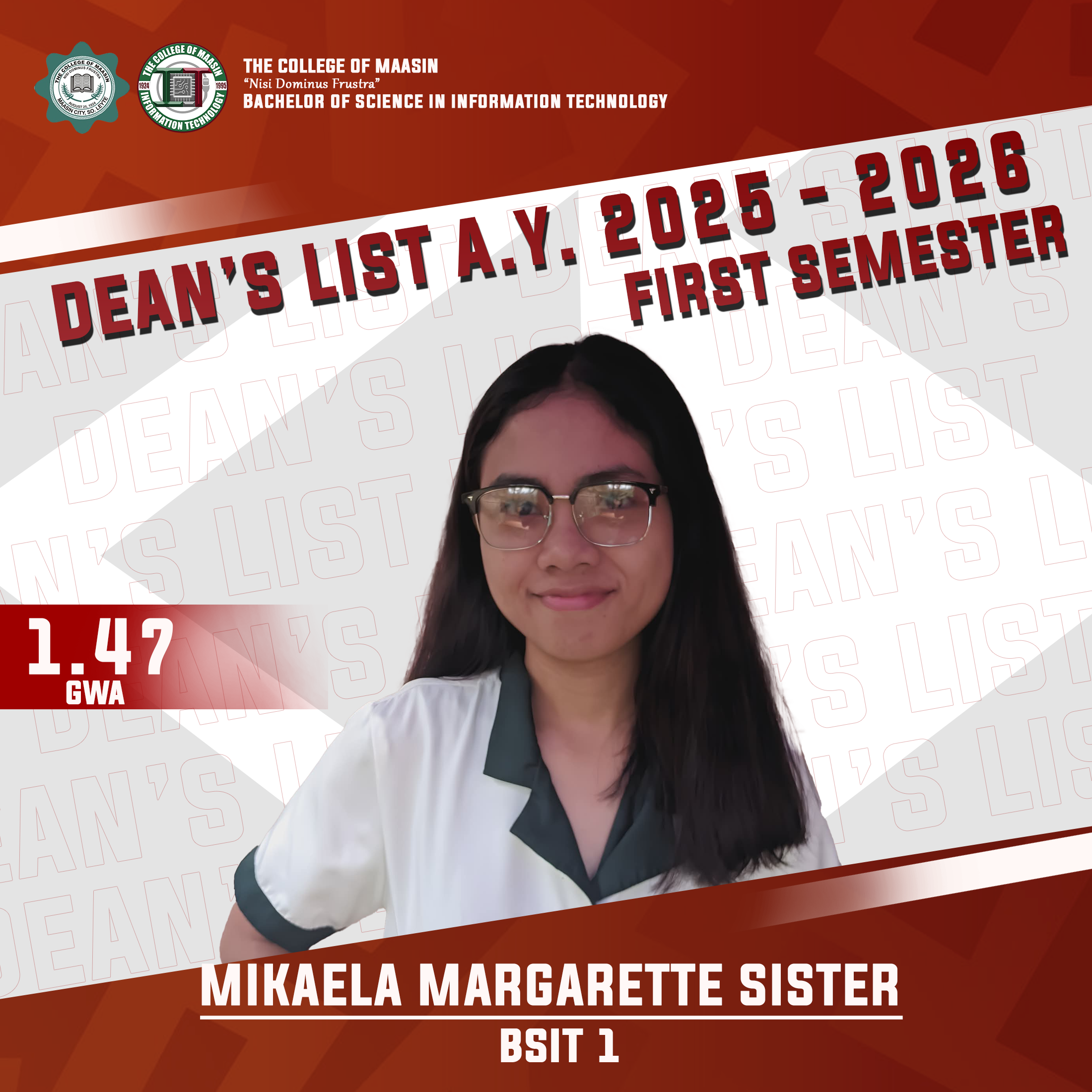 DEAN'S LIST A.Y. 2025-2026 (FIRST SEMESTER) sister 1
