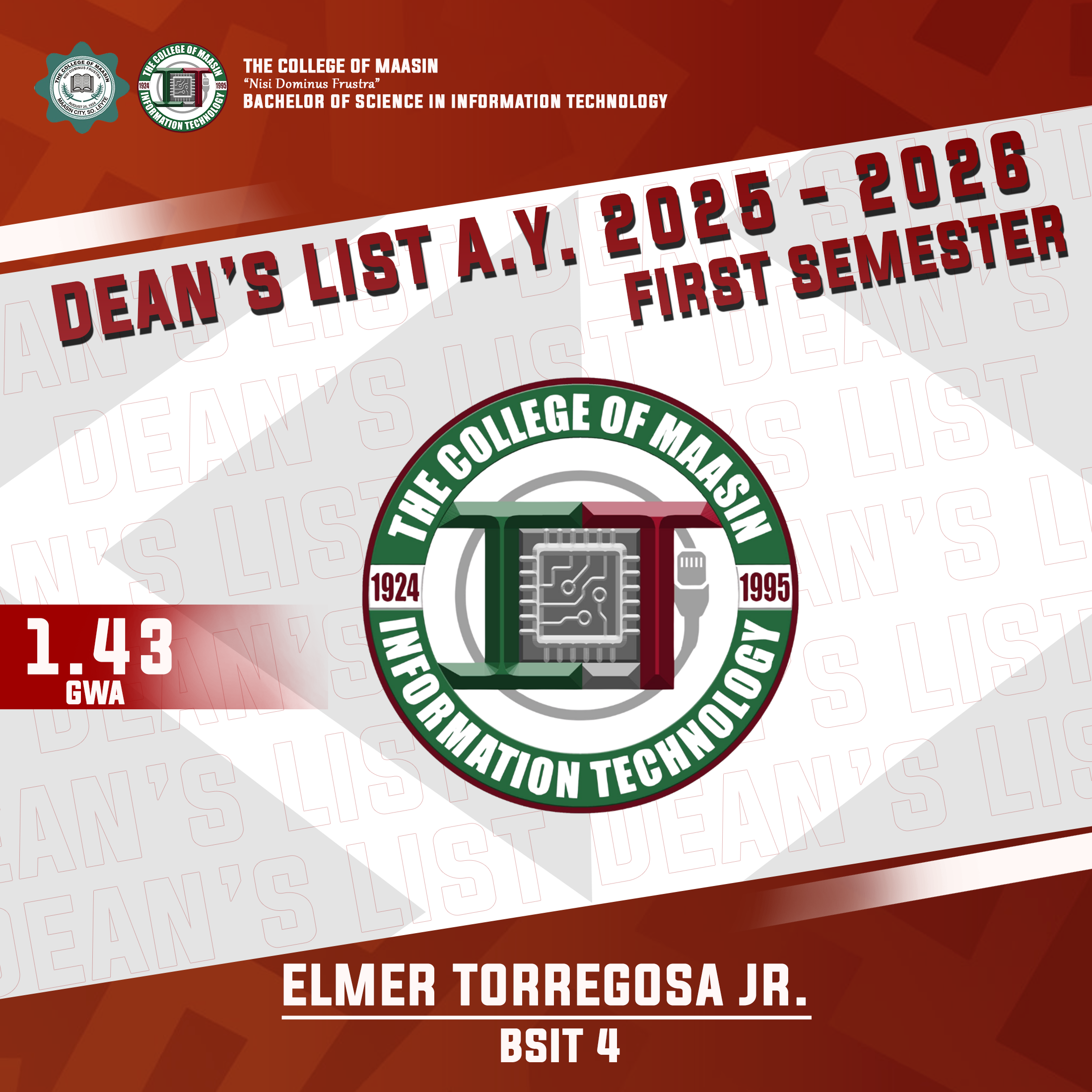 DEAN'S LIST A.Y. 2025-2026 (FIRST SEMESTER) torregosa