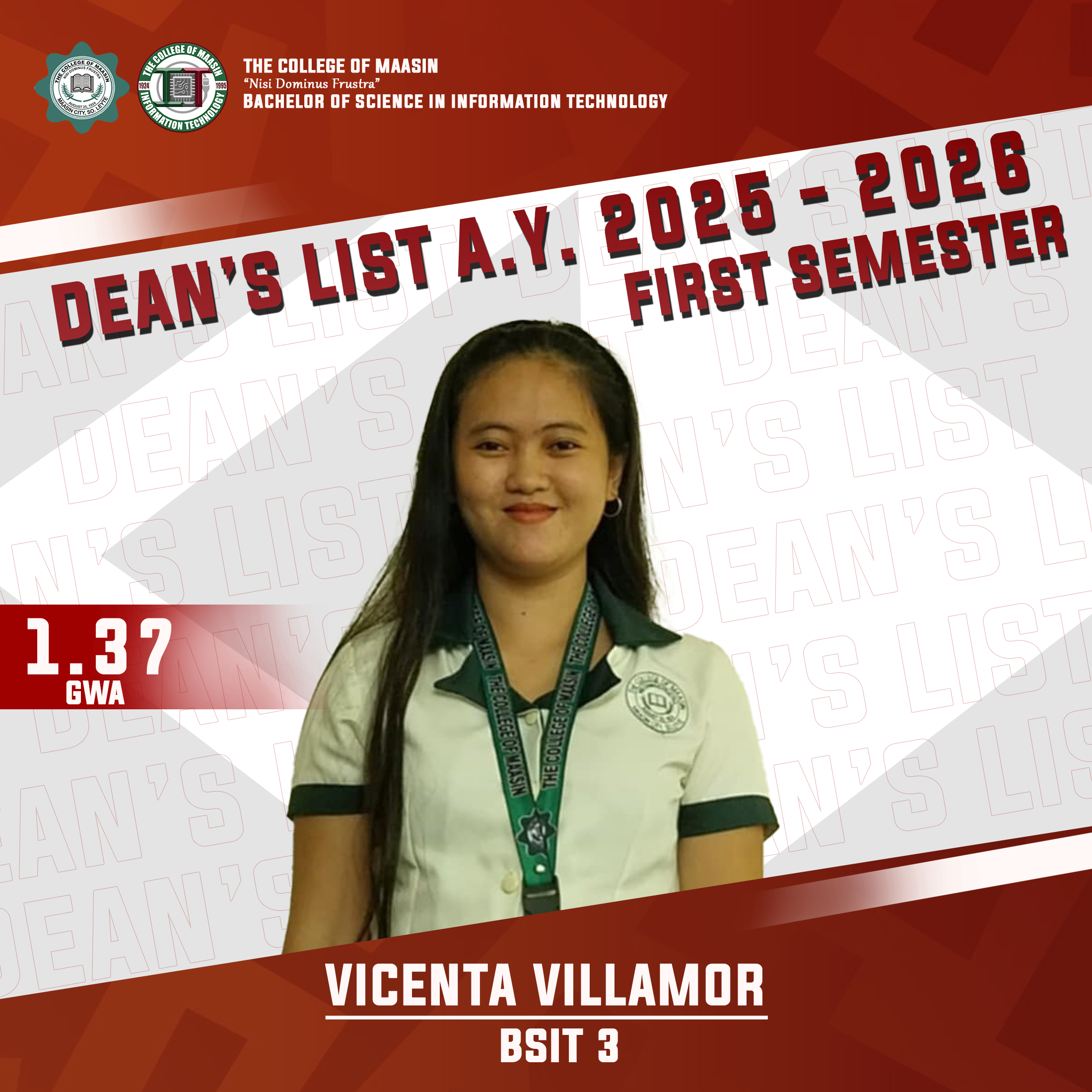 DEAN'S LIST A.Y. 2025-2026 (FIRST SEMESTER) villamor 3