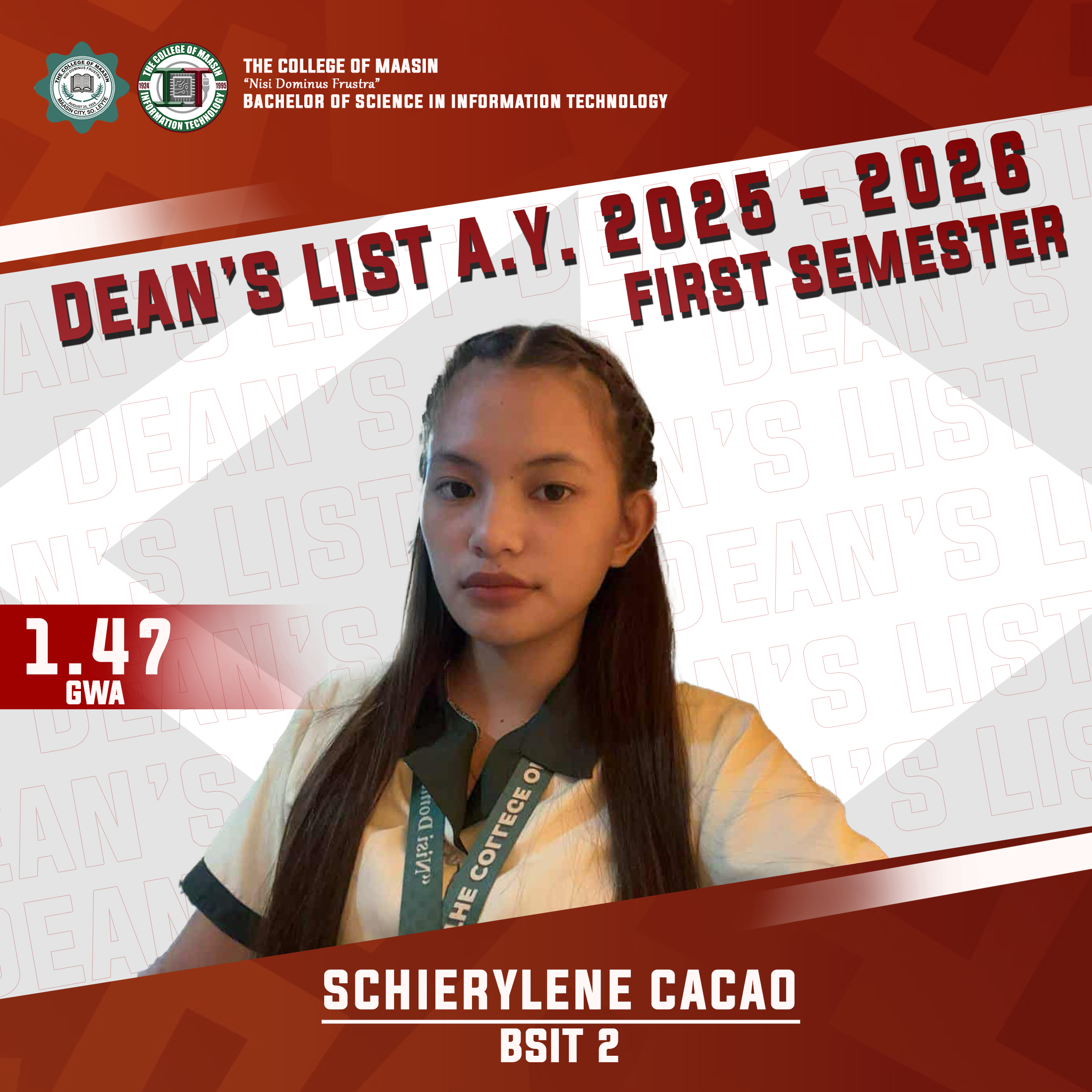 DEAN'S LIST A.Y. 2025-2026 (FIRST SEMESTER) cacao